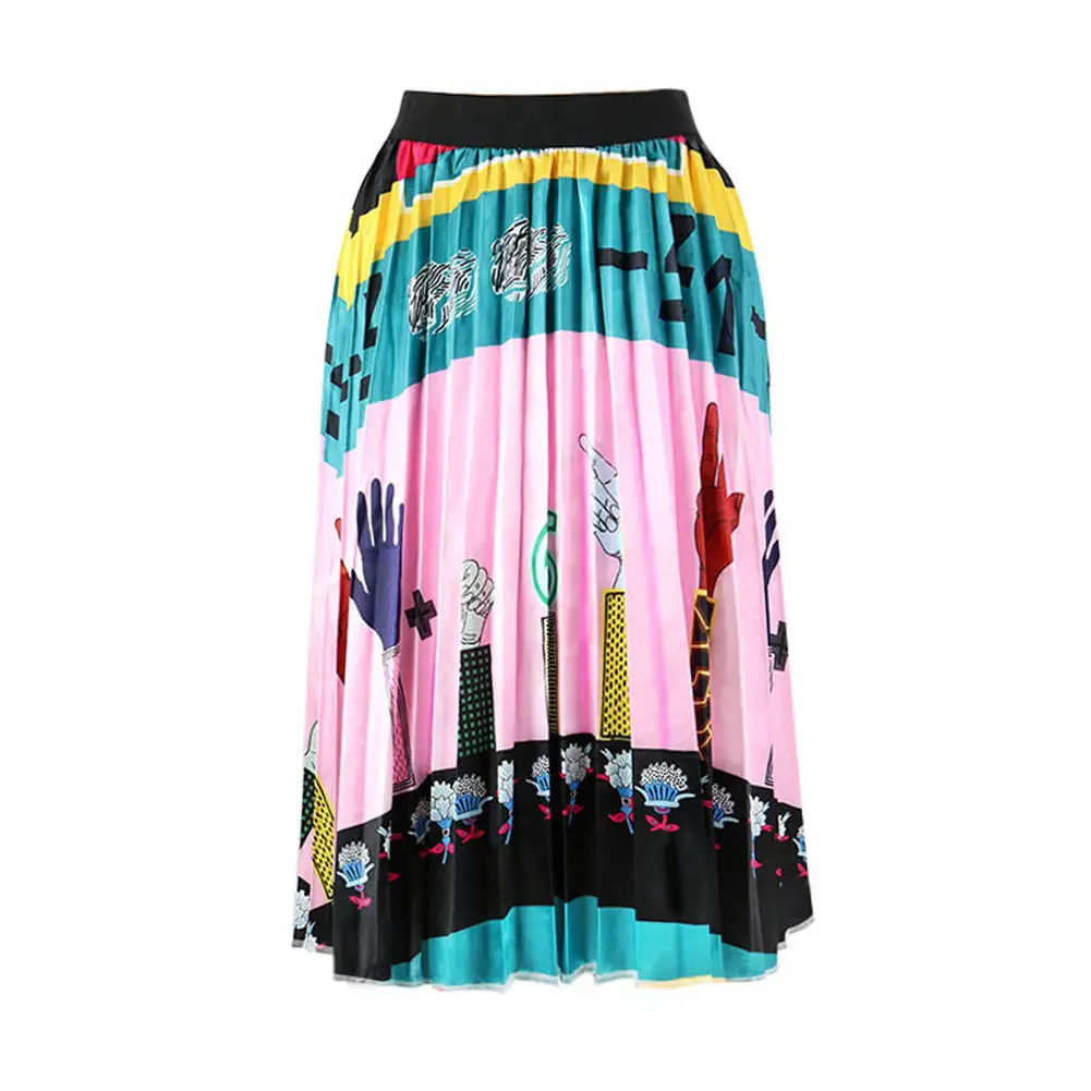 New Fashion Print Pleated Skirt Summer Casual Skirt Street Mid-Calf High Elastic High Quality Pink Color Womens Skirt Hot Sale - Цвет: Розовый