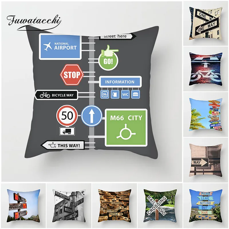 

Fuwatacchi Road Sign Cushion Cover Signpost Guide Printed Pillows Cover for Chair Sofa Home Decorative New 2019 Pillowcase 45*45