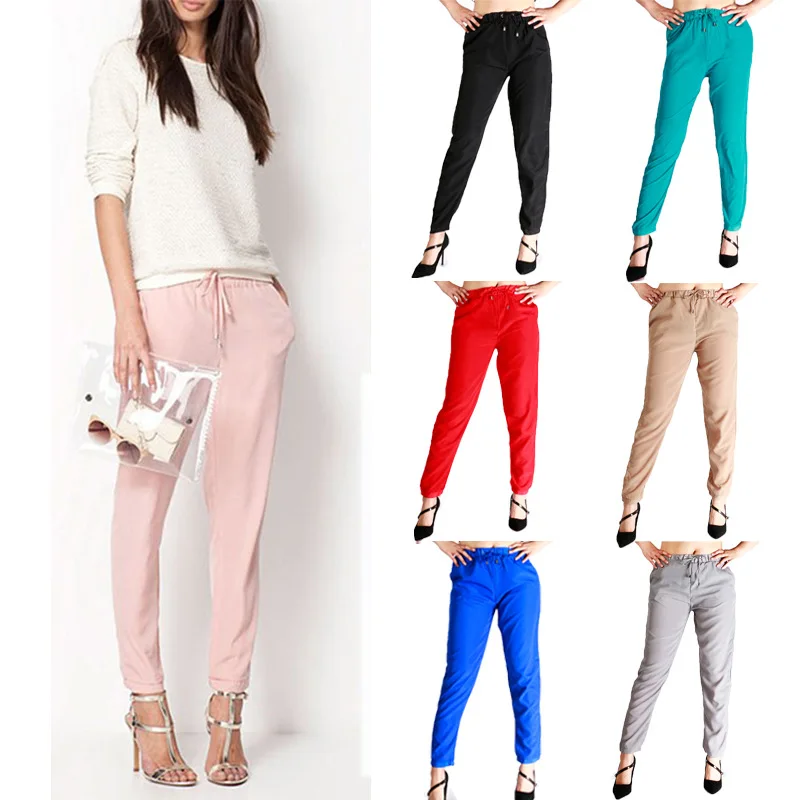 

2017 New Fashion Women Casual Style Chiffon Pants Elastic Waist Solid Color Office OL Pants Slim Pants Plus Size Trousers 1001