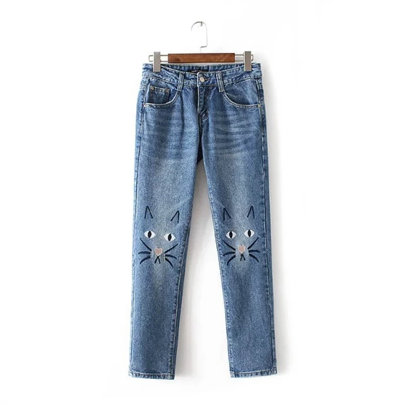 

New Arrival  Women's Cat Face Embroidered Jeans Denim Pants