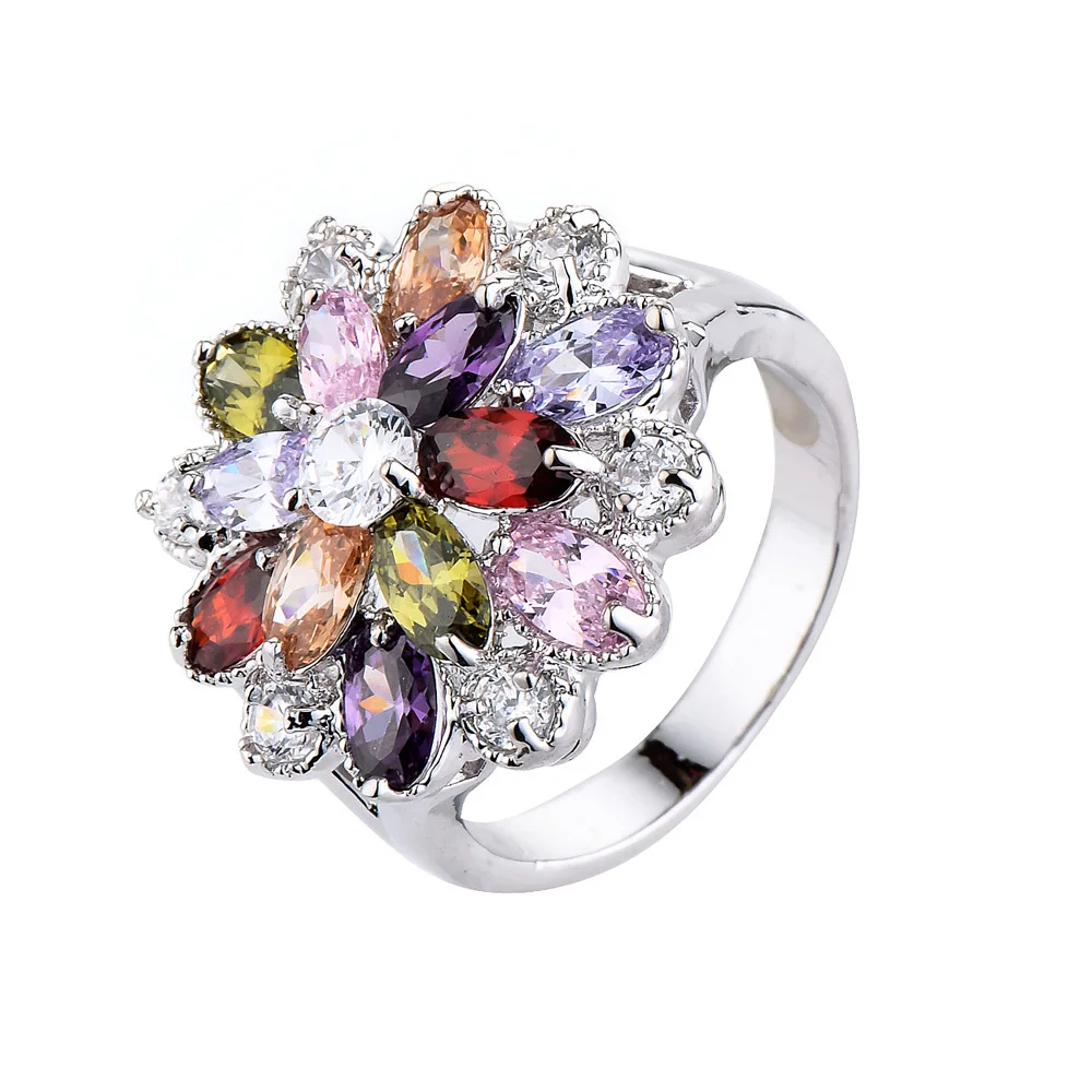 Unique Fashion Multicolor Flower Engagement plated Rings sterling silverAAA Zircon Jewelry Anillos | Украшения и аксессуары