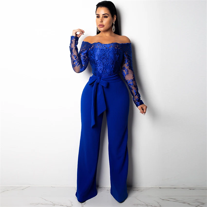 Women Pants Formal Lace Jumpsuits spring High Waist long Sleeve Peplum ...