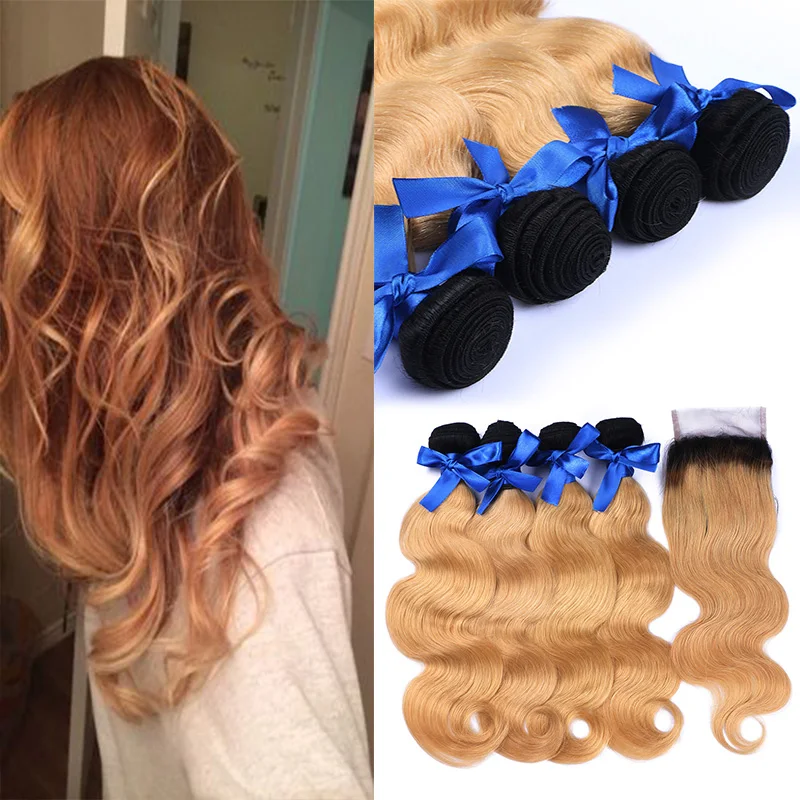 Unprocessed Ombre Brazilian Body Wave Virgin Hair 4 Bundles With Closure Human Weave Lace |