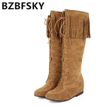 ZBZFSK/женские ботинки из натуральной кожи высокие сапоги на шнуровке с бахромой женские сапоги до колена с кисточками на осень-зиму; большие размеры 34-43