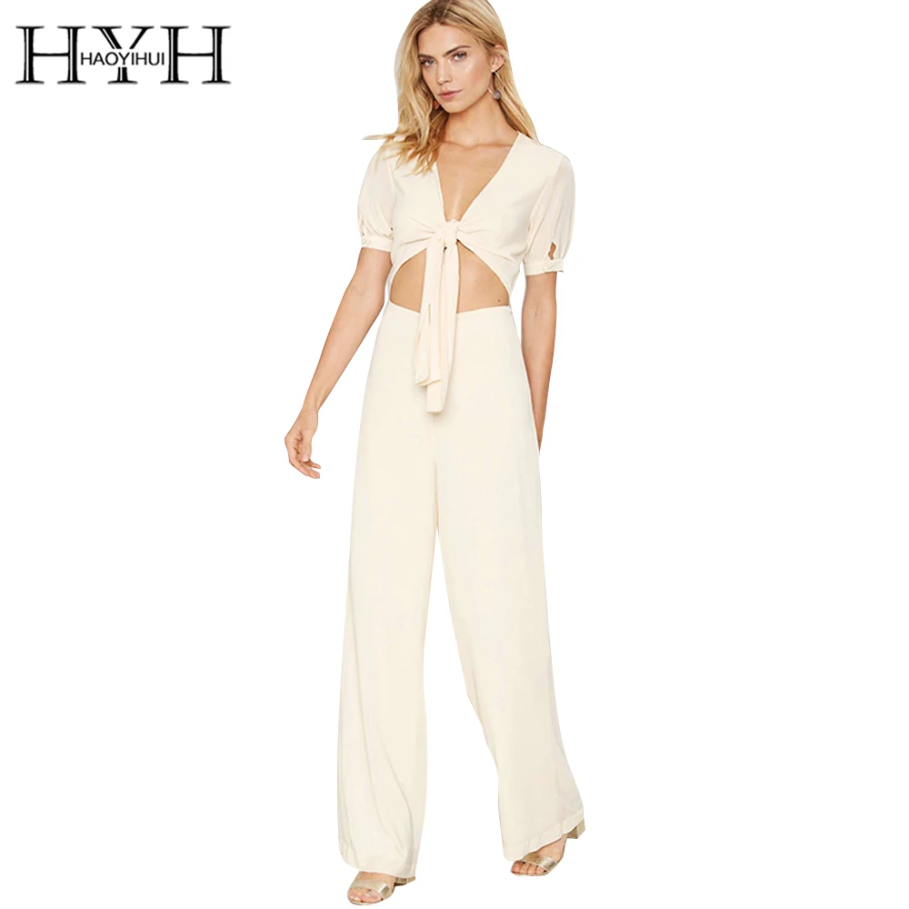 Buy HYH HAOYIHUI Solid Beige Hollow Out Jumpsuits Rompers Sexy V Neck Short