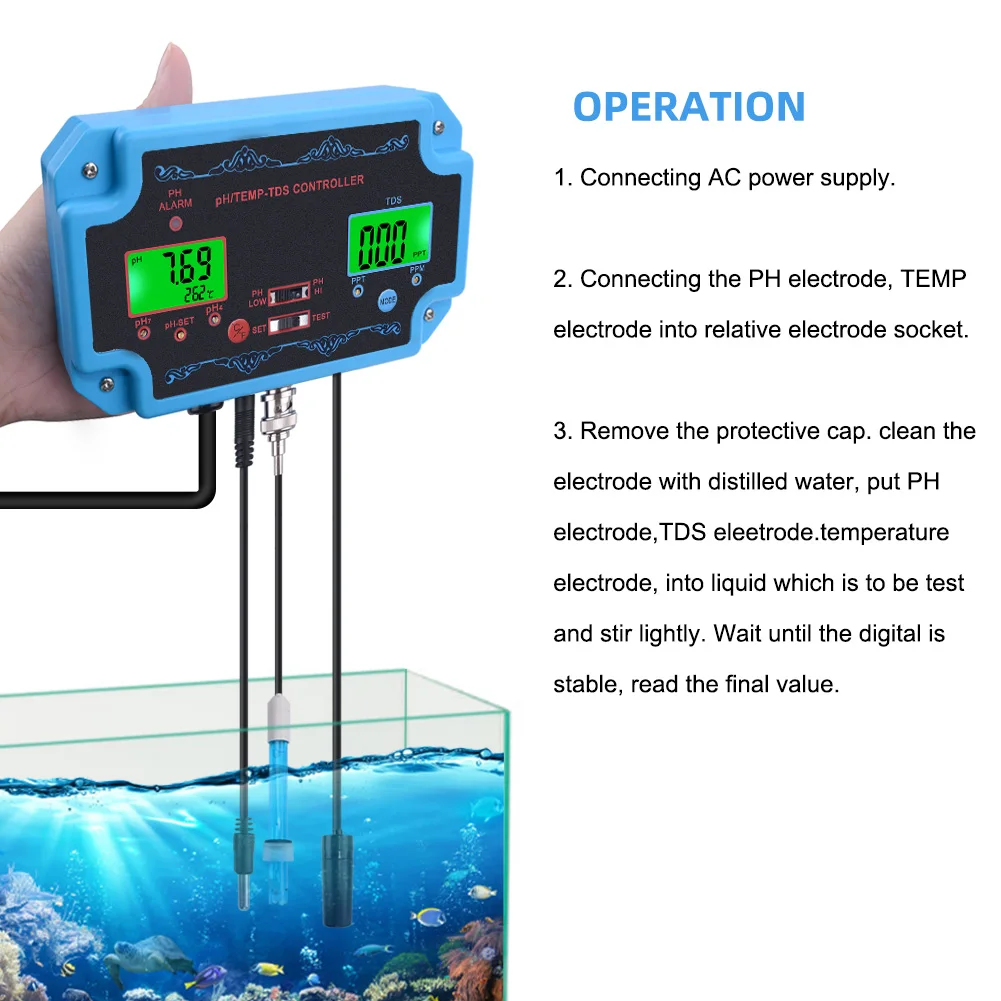 Yiertrii 3 в 1 pH/TDS/TEMP датчик качества воды pH контроллер с электродом BNC Тип зонд тестер качества воды для аквариума