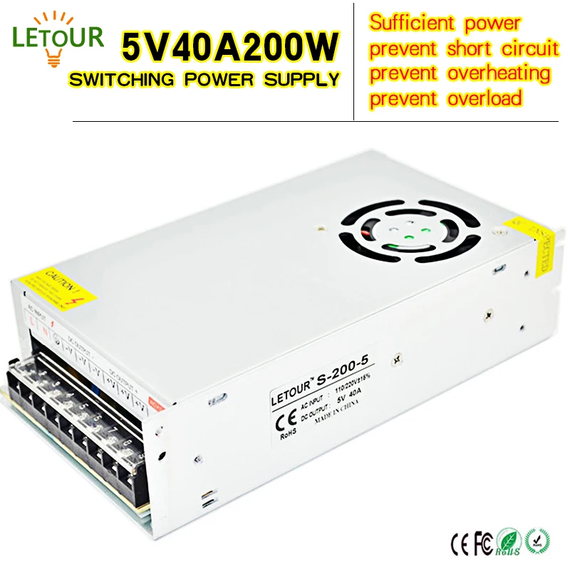 DC Power Supply 5V 40A AC 96V-240V Converter Adapter 200W LED Driver Switching for Strip DVR CE FCC Cert | Обустройство дома