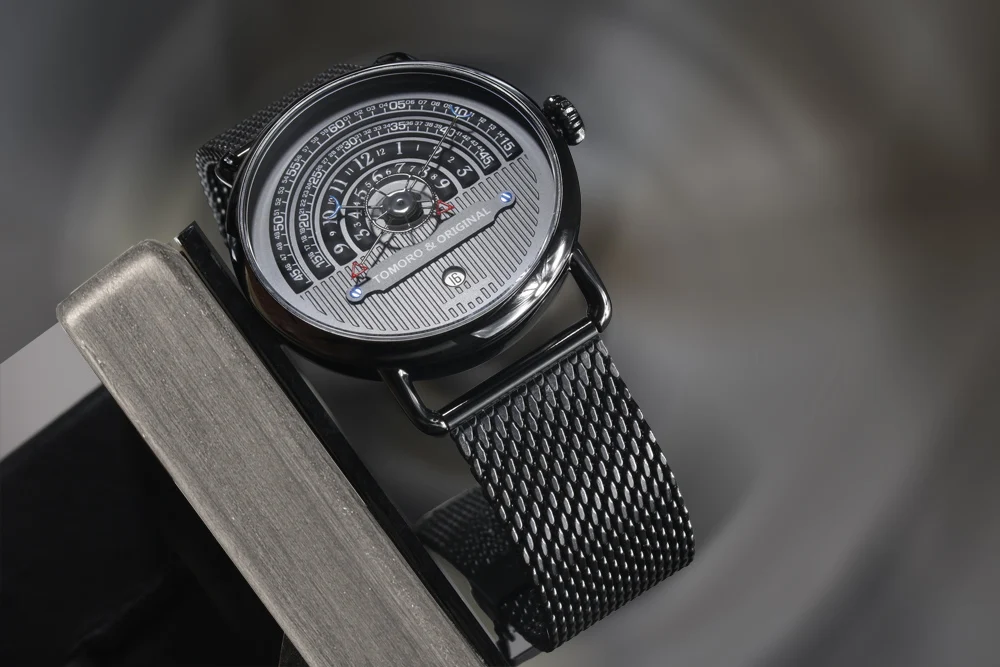 TOMORO люксовый бренд для мужчин s Vogue Топ креативный кварцевые часы все черные из нержавеющей стали с сетчатым ремешком Мужские повседневные водонепроницаемые подарочные часы
