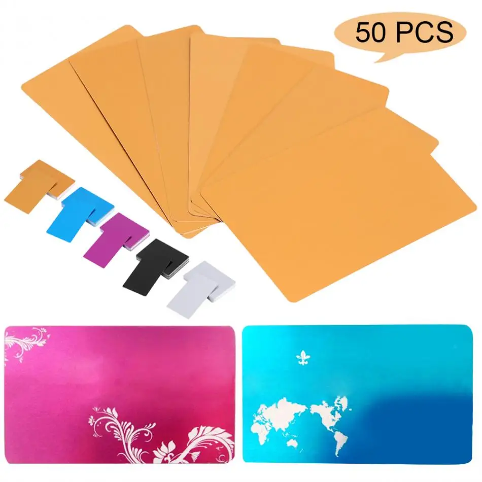 

50Pcs Colorful Laser Mark Engraved Business Cards Blank Smooth Business Visiting Name Cards Aluminium Alloy business card 5Color