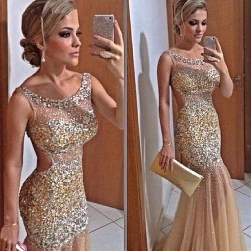

Backless Champagne Mermaid Prom Dresses 2016 Newly Gold Beading Sparkly Evening Party Dress Long Prom Gown vestido formatura