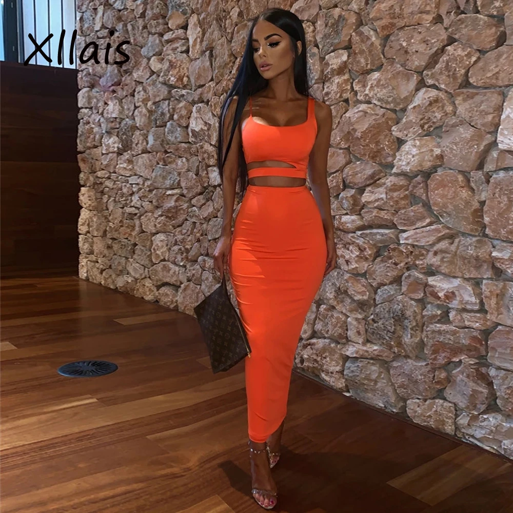 

XLLAIS women sets 2019 New Arrrivals Sleeveless sling tops and pencil skirt set women two piece outfits orange matching sets