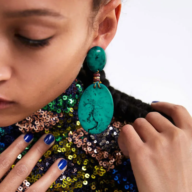 

Ztech Bohemia Holiday Fashion Za New Style Oval Size Green Imitation Stone Earrings For Women Statement Boho Jewelry