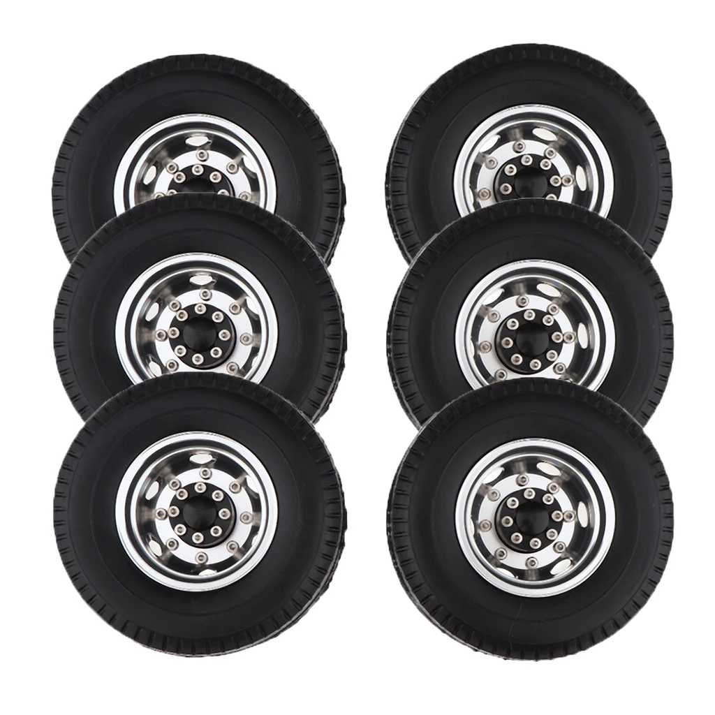 6PCS Machined Alloy Rear Front Hub Wheel Rim Type & Rubber Tire for 1/14 Scale Tractor Trucks RC Vehcile Vehicles Toy Parts