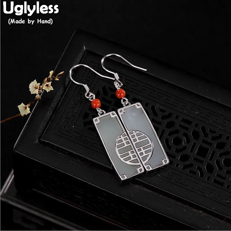 

Uglyless 100% Real 925 Sterling Silver Square Earrings for Women Natural Jade Dangle Earrings Handmade Chinese Fine Jewelry XI