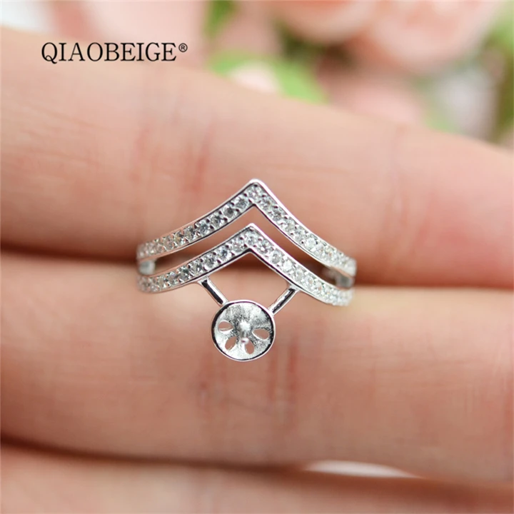 

QIAOBEIGE S925 Sterling Silver White color Pearl ring fittings diy jewelry Cubic Zircon Round open Crown Bridal Ring