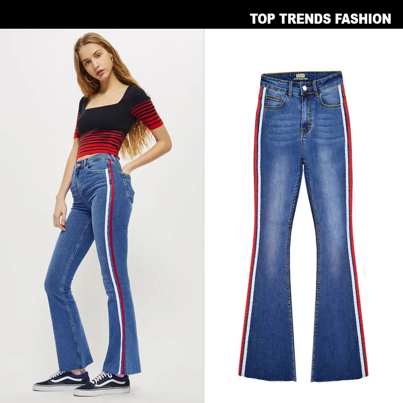 2018 Весна и осень Женская высокая талия denim flare Штаны джинсовые свободные штаны шить из двух цвет ленты микро-la джинсы