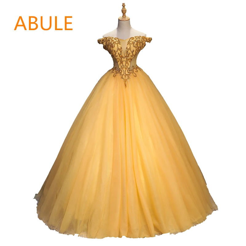 

ABULE Quinceanera Dresses 2018 srtapless lace up Gold ball gown prom dress appliques Gown 15 Years Layer Tulle Custom sizes