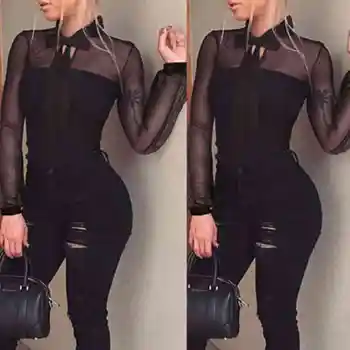

Ladies Fashion Casual Lace Up Bow Neck Long Sleeves Tulle Sexy Bodysuit Leotard Tops Jumpsuit