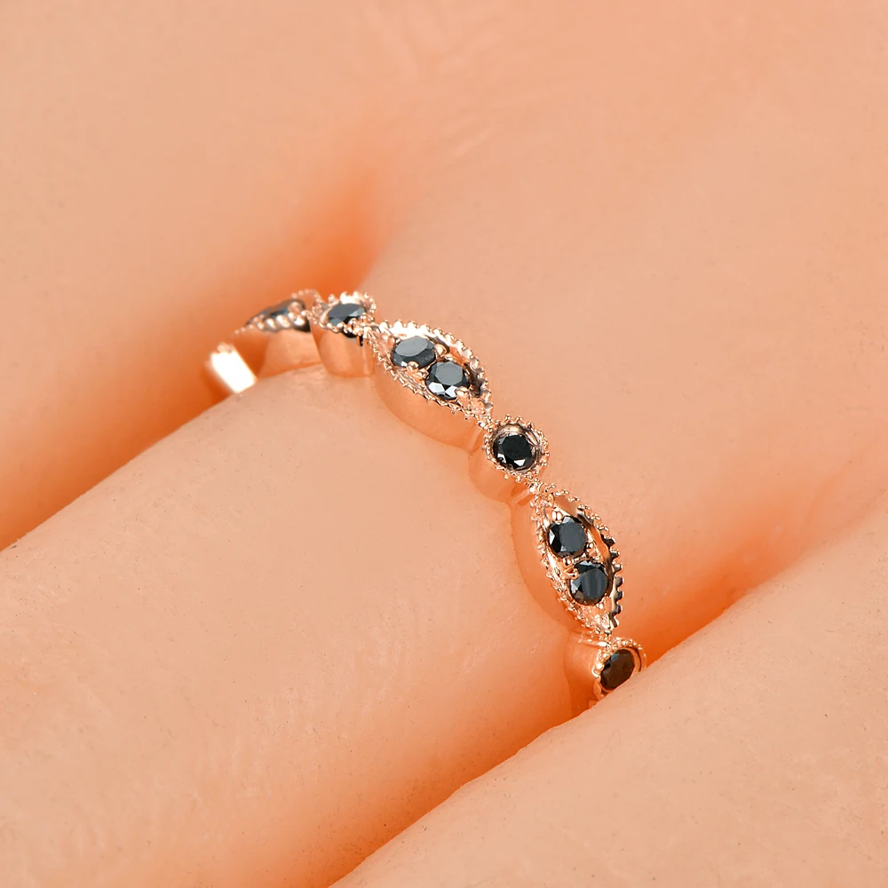 Caimao 14KT Rose Gold 0.15ct Natural Black Diamond Milgrain Design Engagement Wedding Band for Womens