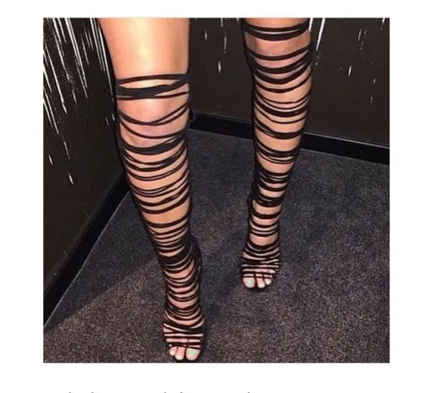 Hot selling solid color multi thin strap crisscross high heel knee high sandal boots fashion cut-outs back zipper sandals boots