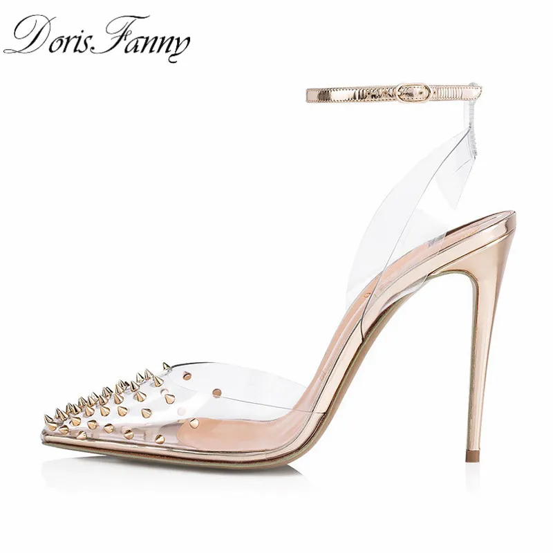 Cena Doris Fanny Slingback kobiety buty 2018 nowa wiosna letnie klapki przezroczyste obcasy pcv nity buty ślubne przezroczyste ramiączka obcasy