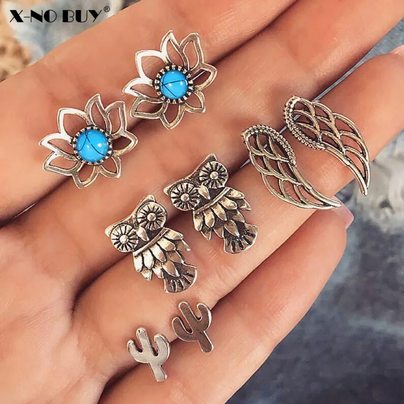 

New 4 Pairs/Set Owl Wings Lotus Cactus Stud Earring Set for Women Jewelry Antique Silver Metal Blue Turquoises Stud Earrings Set