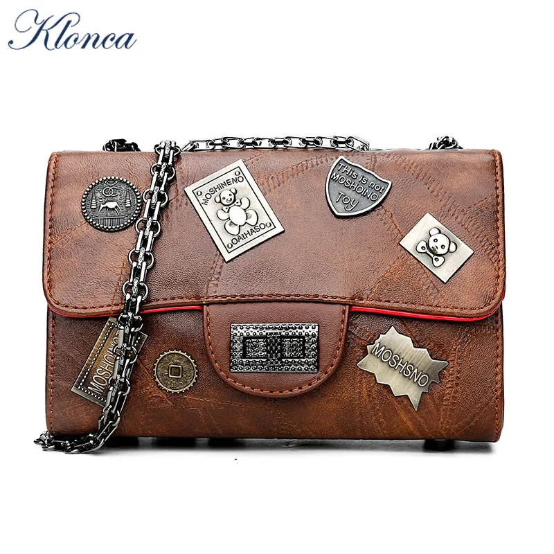 

Klonca Vintage PU Leather Female Shoulder Bag New Retro Stitching Small Square Bag Freeshipping Chain Shoulder Messenger Bag
