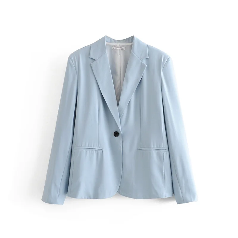 

WT273 Women Solid Color One Button Long Sleeve Slim Blazer Office Lady Elegant Light Blue Blazers Outwear Tops