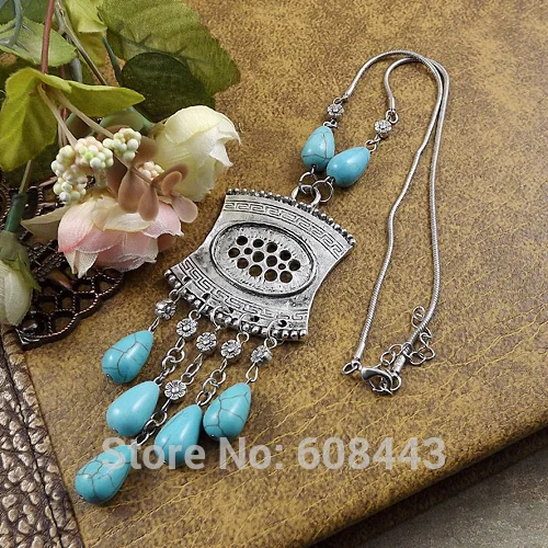 

NR174 Gypsy Silver Geometric Turquoise Stone Pendant Fashion Vintage Necklace Snake Chain Jewelry Jewellery Bijouterie for Women