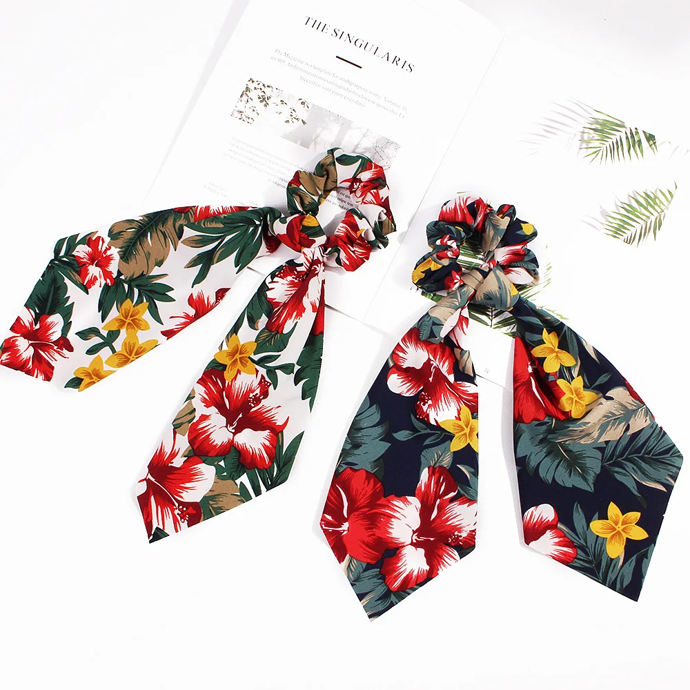 

New Floral Print Scrunchie Women Hair Scarf Elastic Hairband Bow Hair Rubber Ropes Girls Boho Streamers Hair Ties Accessories
