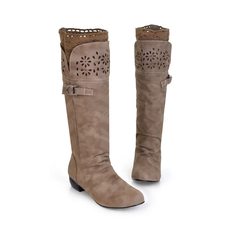 43 Largo grey Boot Zapatos Hueco Plisado Del Mujer La Bajo Crochet Rodilla Señora black yellow Cordón Flor Beige Talón Casual Slip Botas Hasta Cuero On Mujeres RSxaZZ