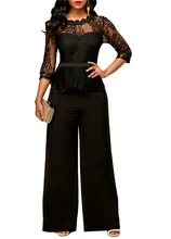 Woman Lace Patchwork Jumpsuit Three Quarter Sleeve Lace Top Wide Legs Office Ladies Sexy Slim Jumpsuit Plus Size plus size plain loose wide legs jumpsuit