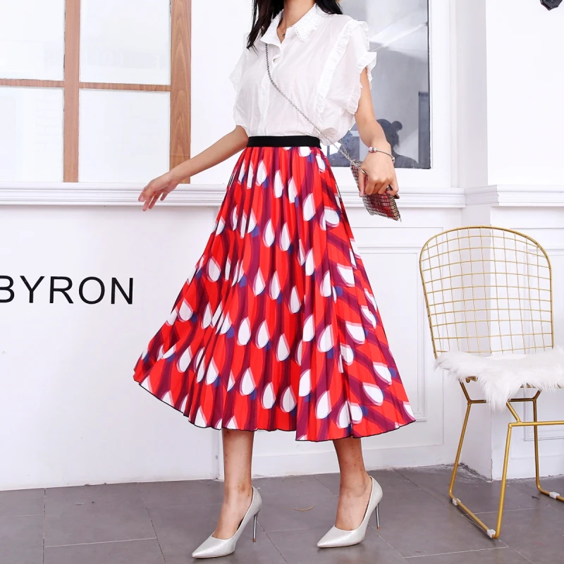 New Fashion Floral Print High Waist Elastic Streetwear Summer Skirts Women Pleated Mid-Calf Swing Party Skirt Indie Folk - Цвет: 1095-015