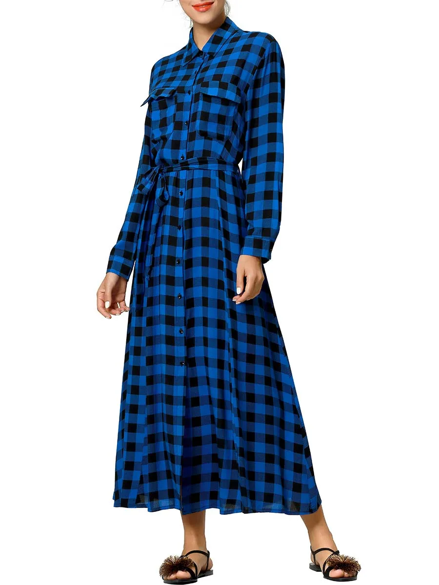 Женское Макси-платье в клетку с принтом, длинные платья, женское платье-рубашка с длинным рукавом, мусульманский кафтан, кафтан, модное женское платье - Цвет: blue