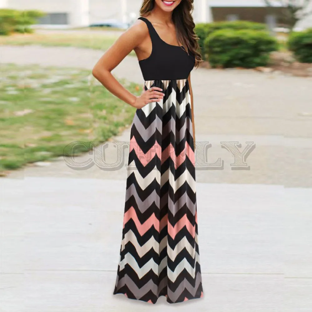 Image 2019 Summer Women Dress Striped Design Long Boho Dress Lady Sleeveless Beach Summer Sundrss Maxi Dress Female Sexy Clothing