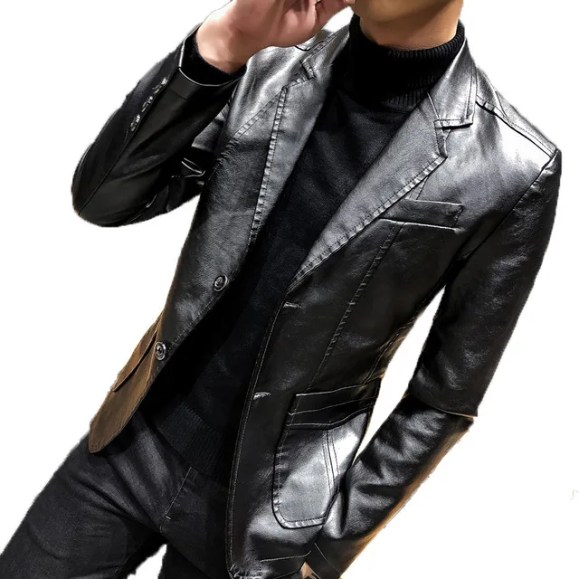 British Style Spring Autumn Mens Slim Fit Pu Leather Jacket Business Casual Blazer Men Faux Leather Blasers Masculino British Style Spring Autumn Mens Slim Fit Pu Leather Jacket Business Casual Blazer Men Faux Leather Blasers Masculino