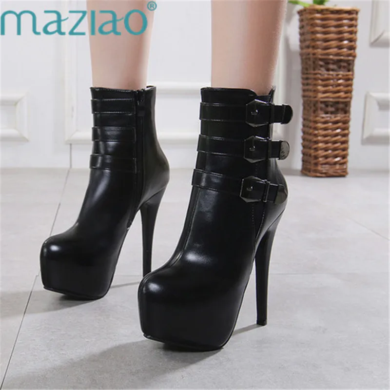 

Fashion New Punk Gothic Style Buckle Belts Round Toe Platform Boots Sexy Thin High Heels Short Boots MAZIAO