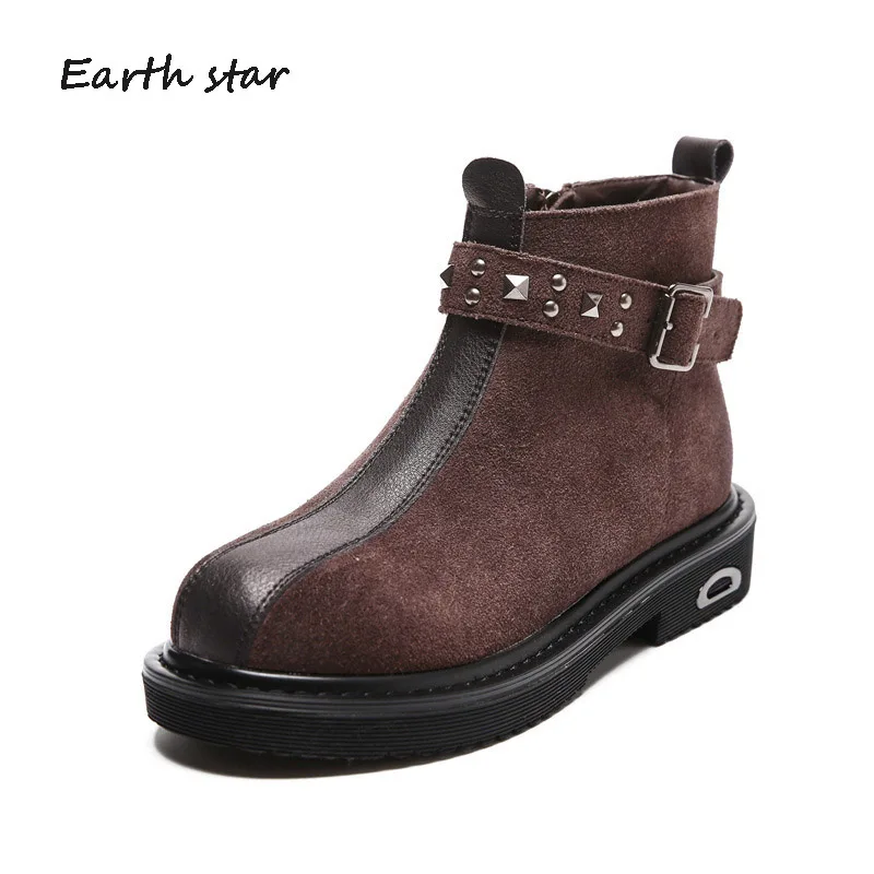 

EARTH STAR Retro Shoes Women Fashion Brand Rivets Martin Boots Real Leather Lady chaussure Zipper Female footware Ankle Boots