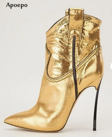 

New Hot Selling Gold Leather Ankle Boots Pointed Toe High heel Leather boots for woman sexy pointed toe thin heels boots