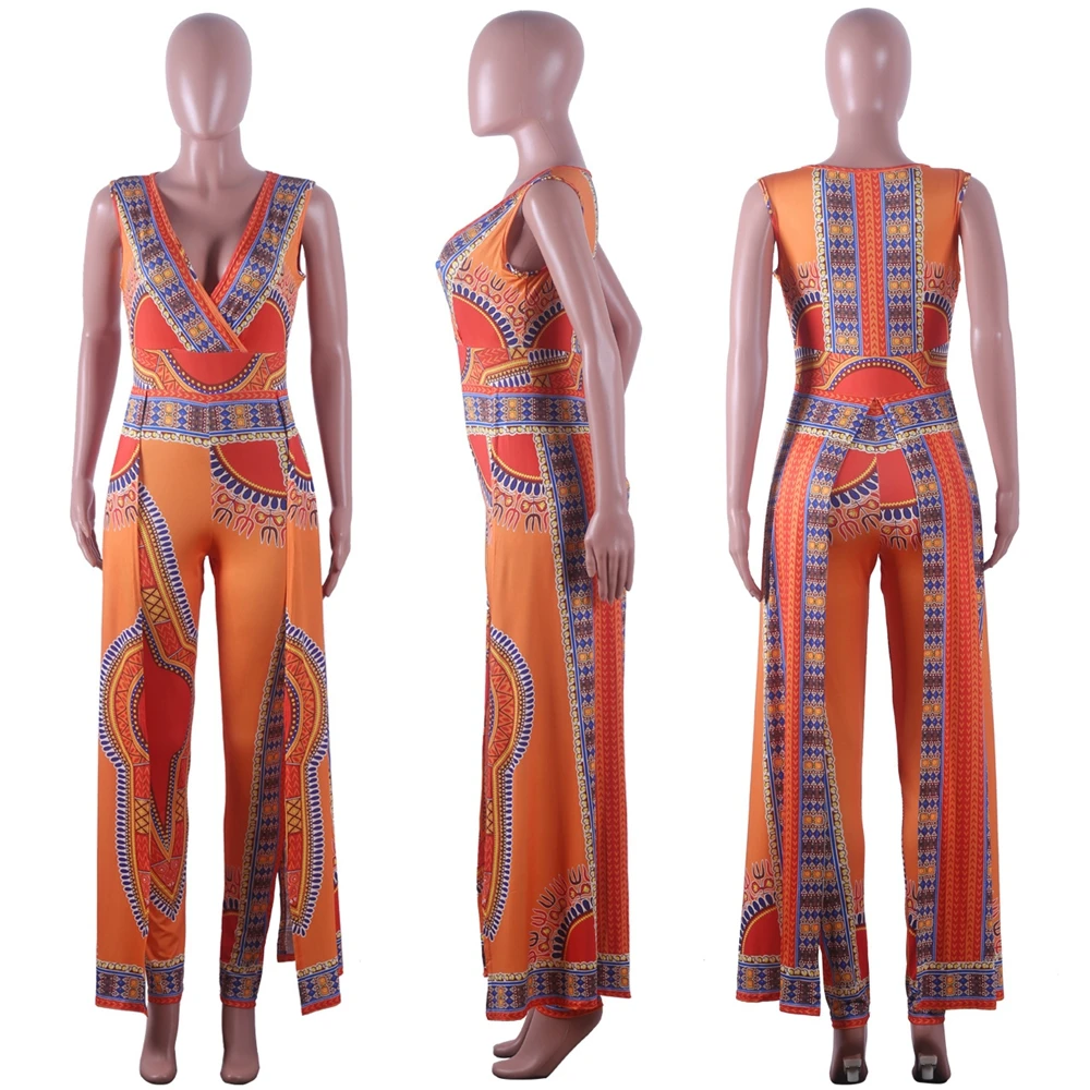 OMILKA African Dashiki Ethnic African Printed Jumpsuit 2019 Summer Women Sleeveless V Neck Orange India Folk Club Beach Overalls OMILKA African Dashiki Ethnic African Printed Jumpsuit 2019 Summer Women Sleeveless V Neck Orange India Folk Club Beach Overalls