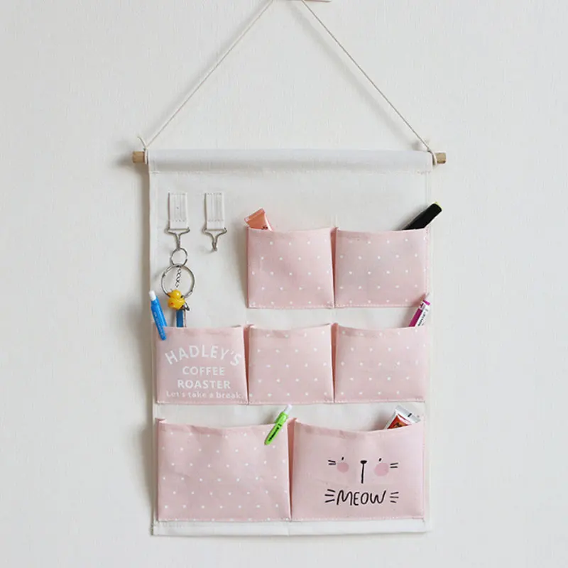 

Cotton And Linen 7 Pocket Storage Hanging Bag With 2 Hooks Door Wall Organizer For Keys Sundries Multi-purpose Storage Bag