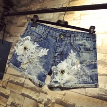 Лето вышивка блёстки бисер 3D цветы джинсовые шорты Женская Мода Street стиль кисточкой рваные джинсы для женщин W1729