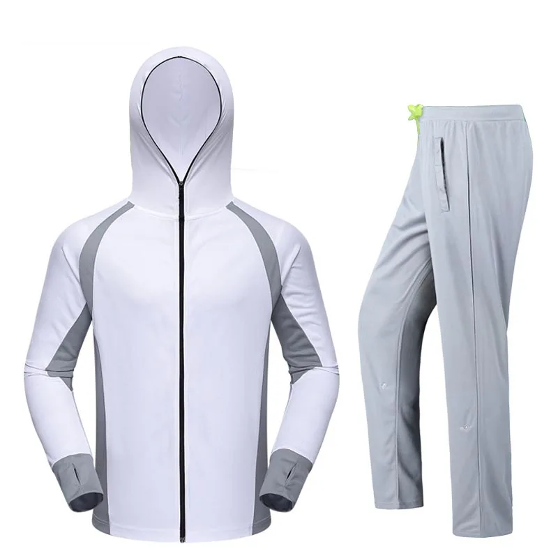 TRVLWEGO ультра-легкий с капюшоном рыболовные рубашки и брюки набор избегая комаров быстросохнущая Защита от Солнца Рыбалка анти-УФ одежда - Цвет: white light gray