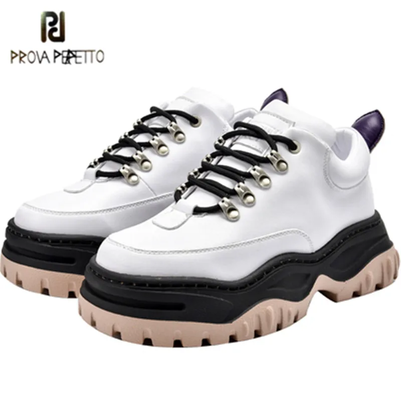 

Prova Perfetto White Genuine Leather Women Sneakers Platform Creepers Ladies Lace Up Casual Flat Shoe Woman Espadrilles Trainers