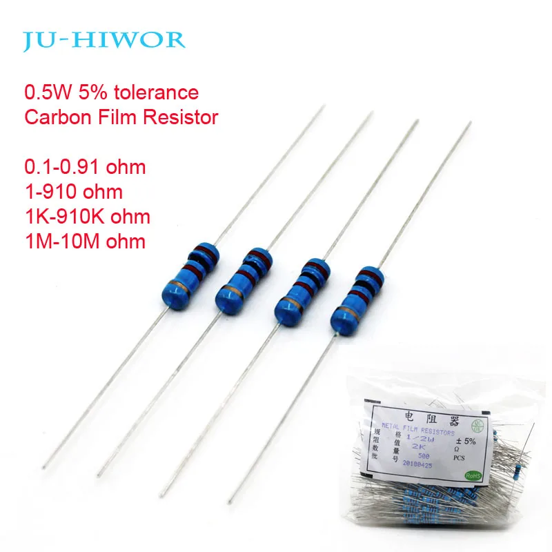 500 шт. 0 1 91 910 K 1M Ohm 5 W 1/2W ватт 5% резисторы из углеродистой пленки 100 200 300 1K 2K 3K