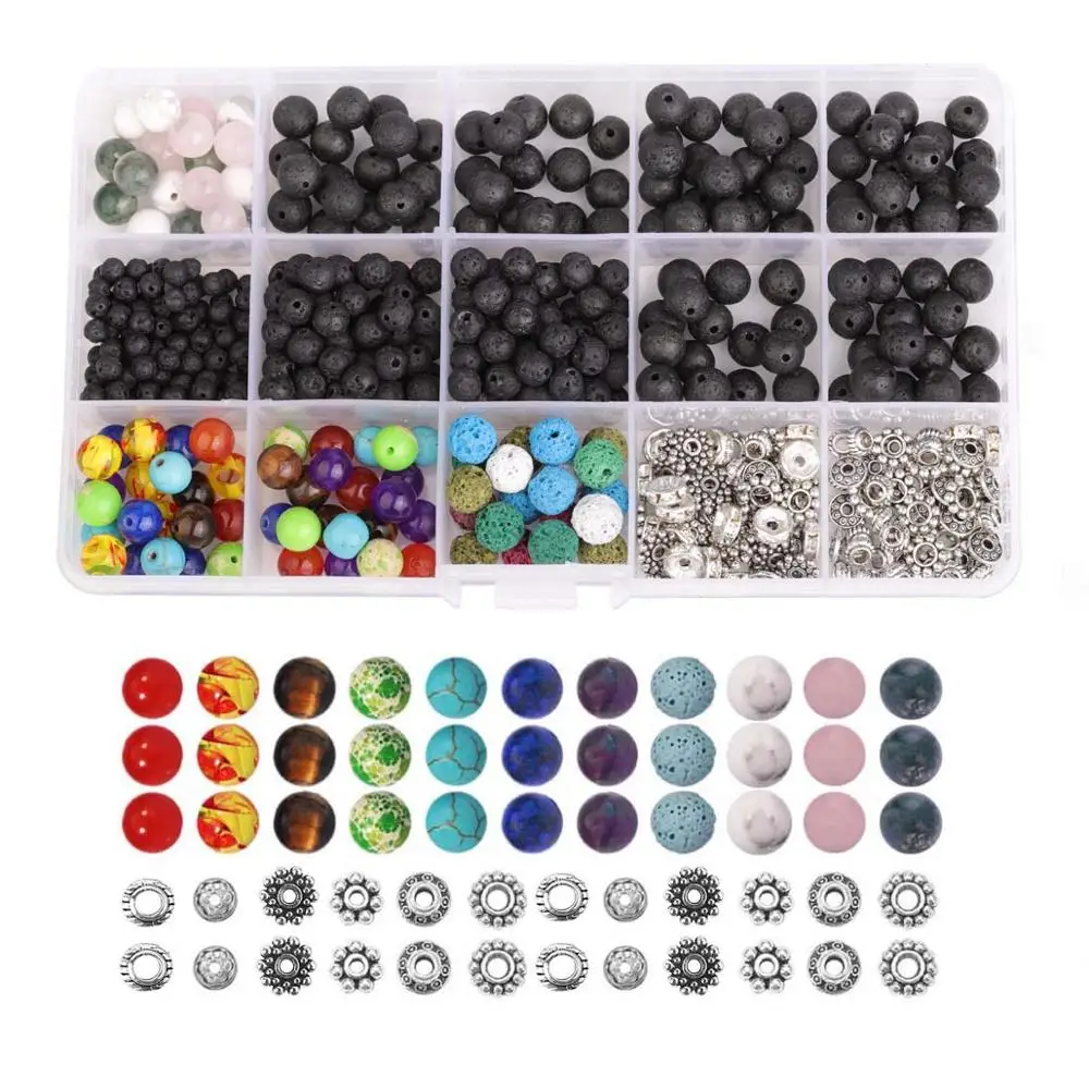 

8mm Black Natural Volcanic Lava Stone Chakra Beads Natural Stone Loose Beads Round Beads Zinc Alloy Spacer Combination Wholesale