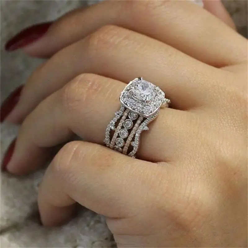 

Lady Rings Inlaid Crystal Square Multilayer Geometric Two-tone Ring Vintage Women banquet Party Wear Jewelry