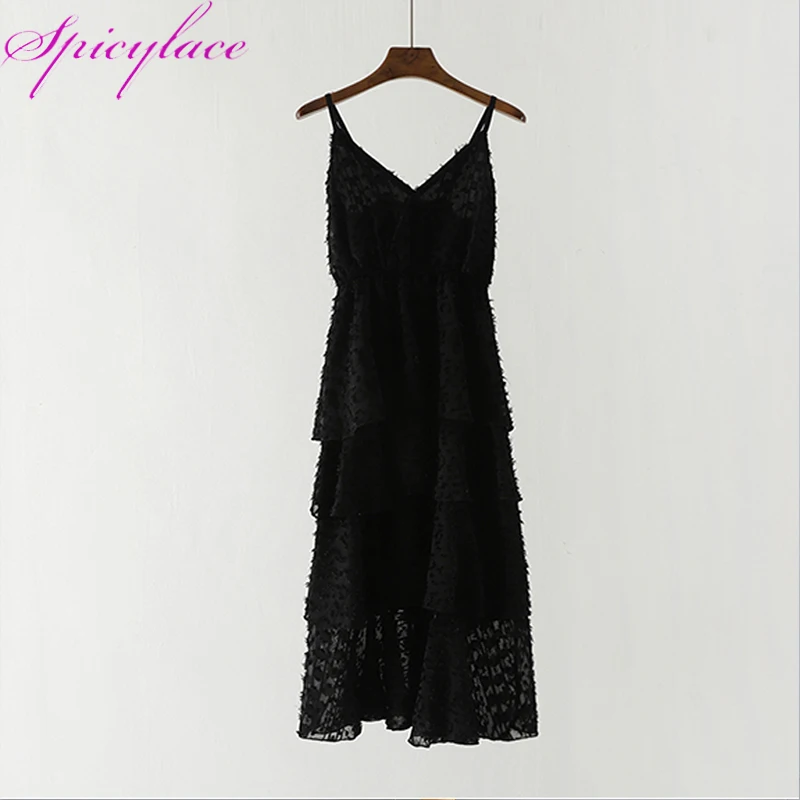 

2019 summer new women french sling V collar sleeveless layer cake dress female solid color strap vintage elegant fringed dresses