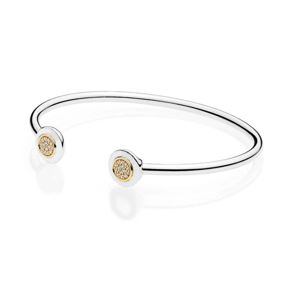 

Authentic S925 Sterling Silver Women Bracelet Two-Tone Signature Open Bangle fit Lady fine Jewelry Shine & Clear CZ