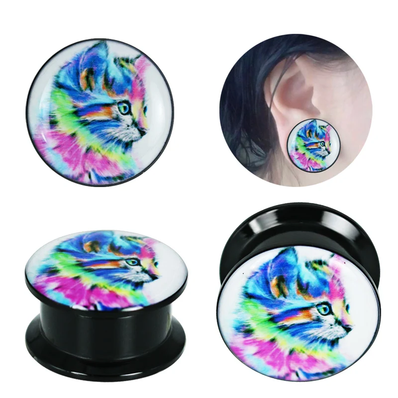 1 Pair Colorful Cat Piercing Earrings Acrylic Ear Plugs and Tunnels Gauges Expander Ear